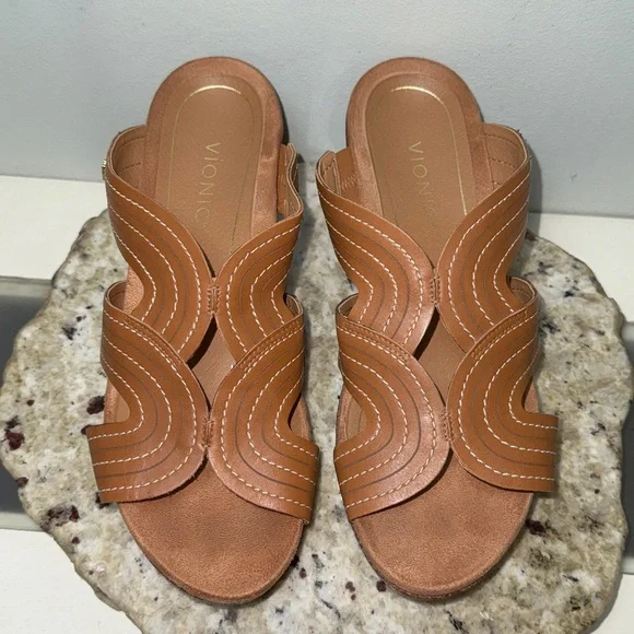 VIONIC MALORIE Raffia Natural Tan Leather Open Toe Slip On Wedge Sandals Sz 9.5 - Picture 5 of 16